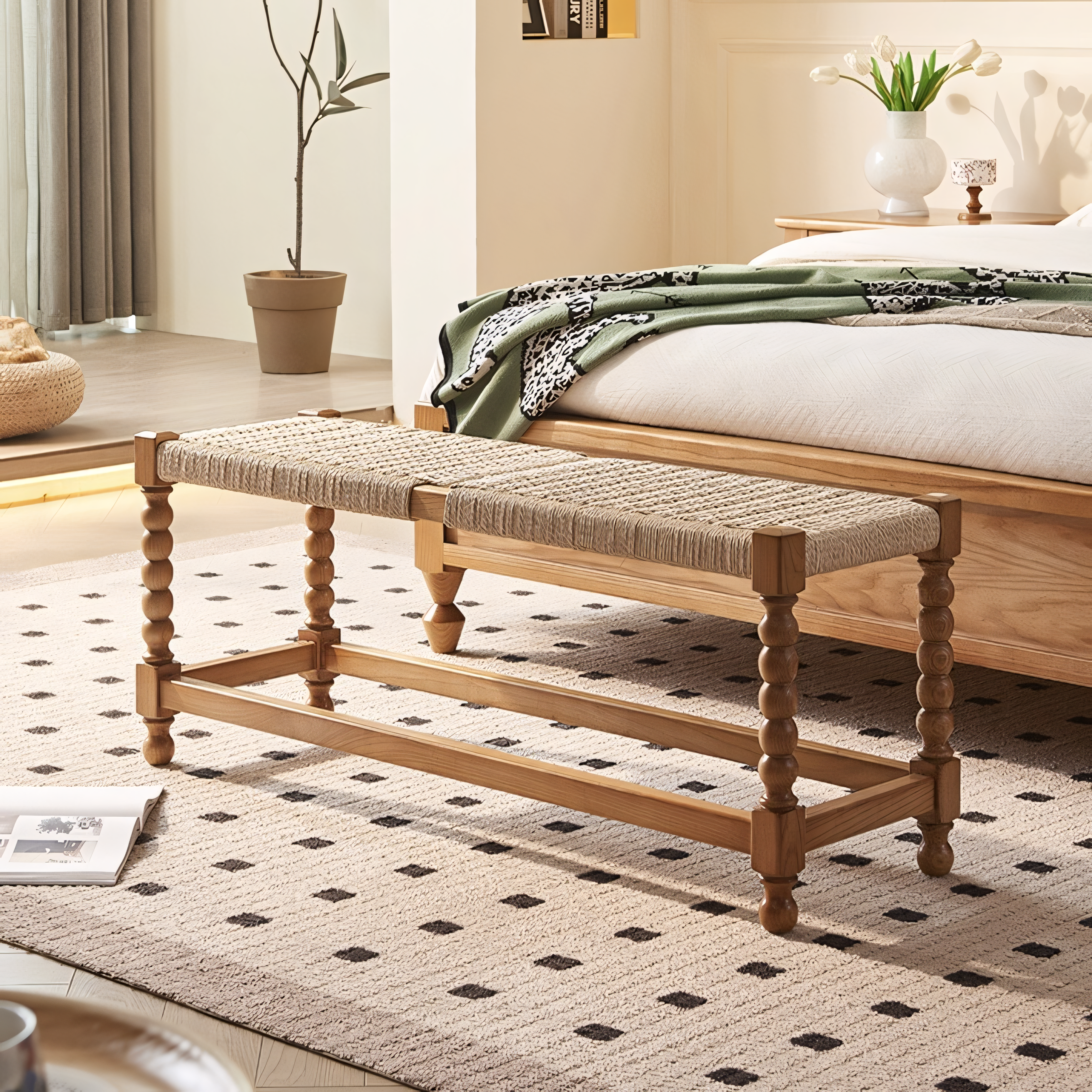 Marden Solid wood braided rope bed bench