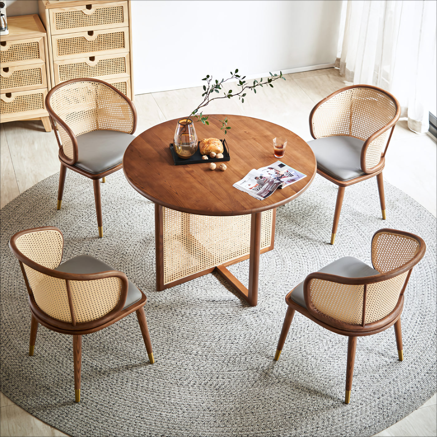 Ronilan Ash wood Indonesian natural rattan round dining set