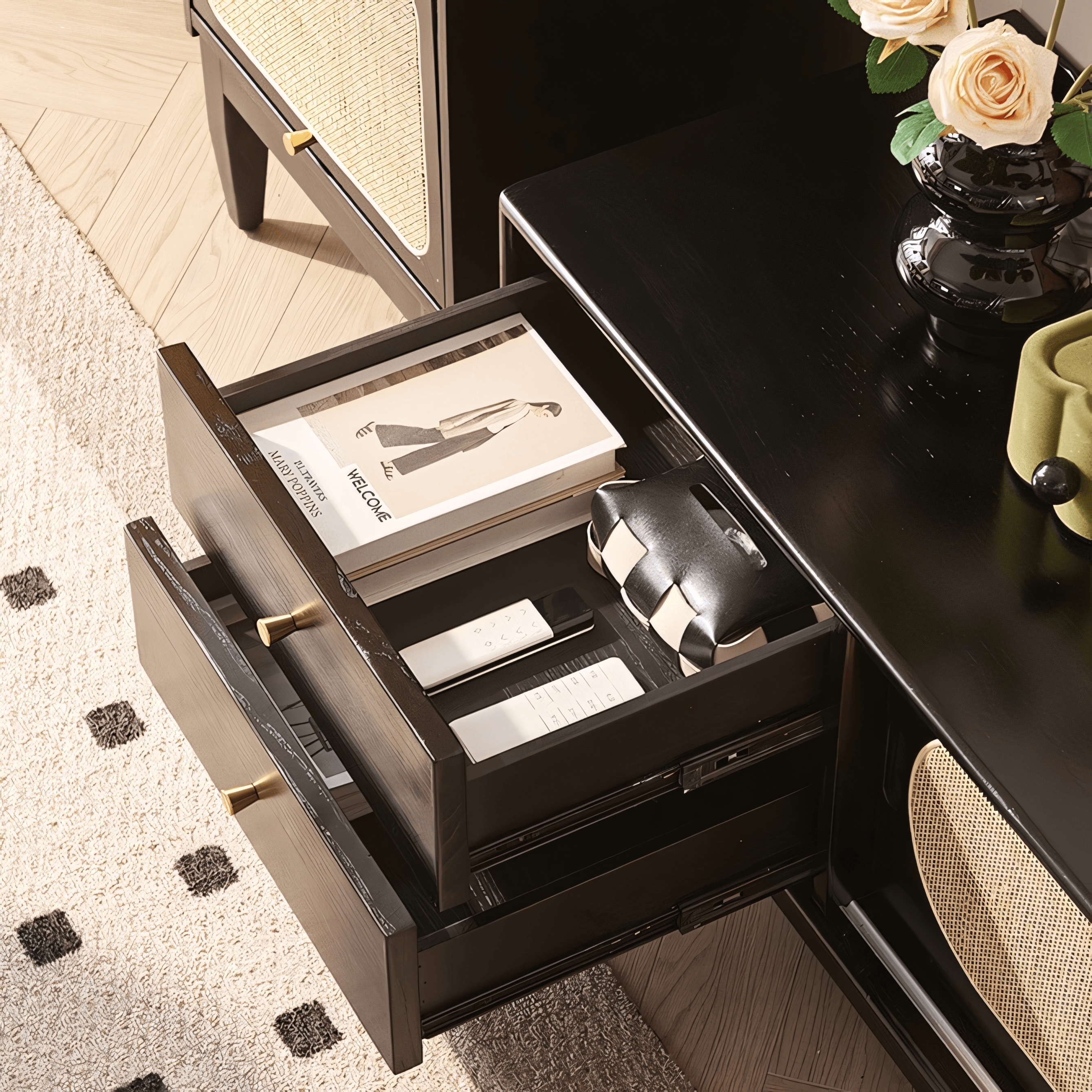 Aelox Solid wood natural rattan TV cabinet