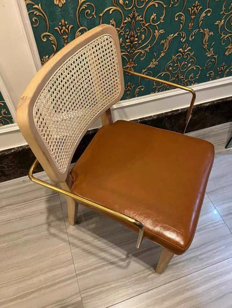 Malilian 2pcs ash wood natural rattan stainless steel dining chairs