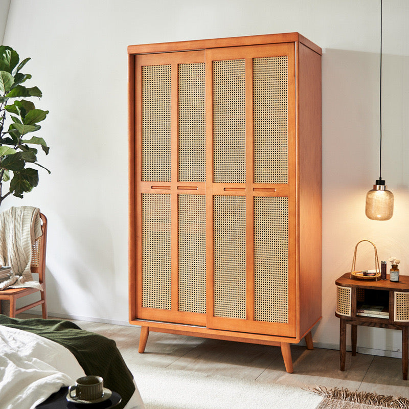 Hirevo Ash wood natural rattan wardrobe