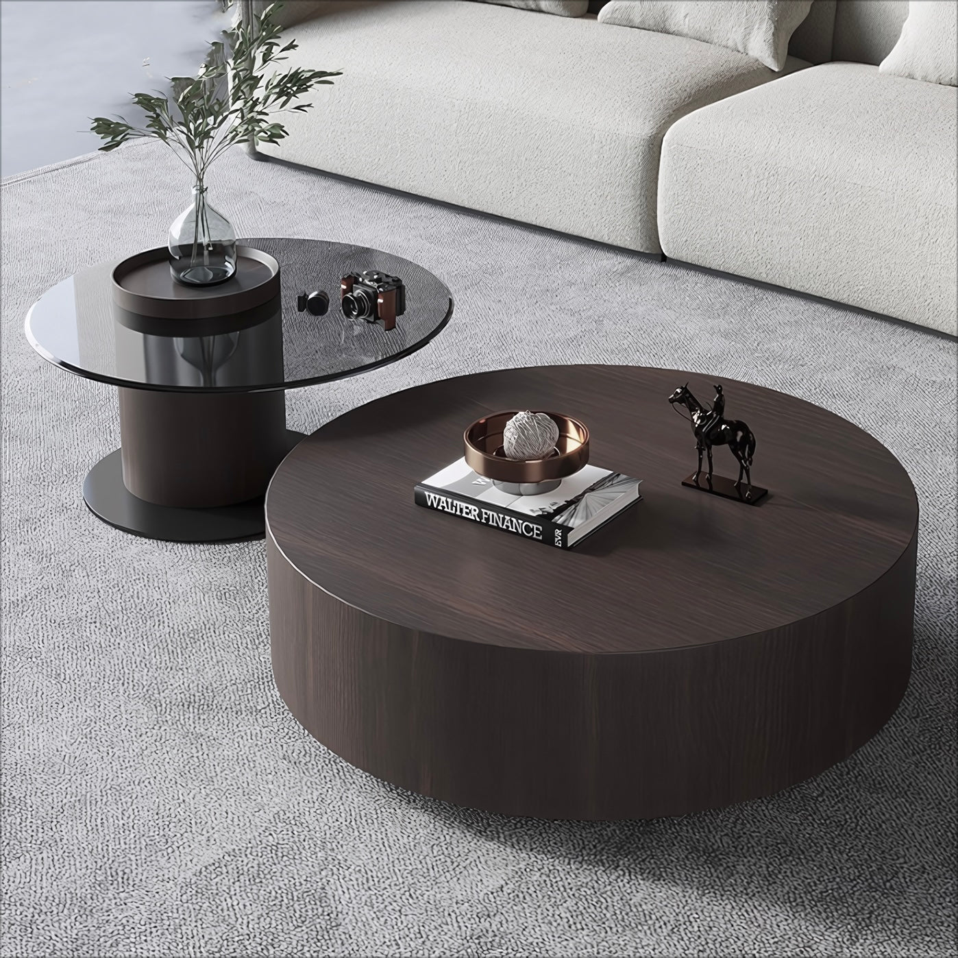 Cocheli Wood tempered glass round coffee table set-A