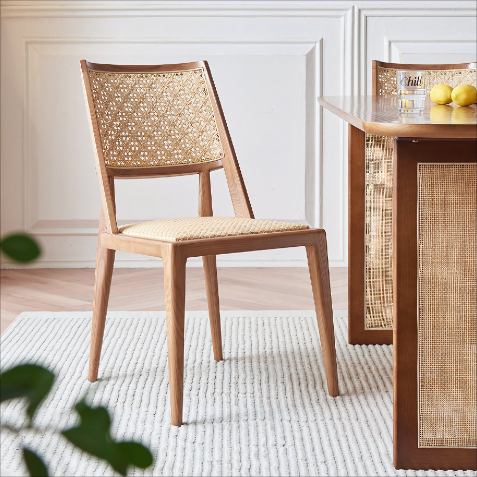 Falutei Ash wood natural rattan rectangular dining set