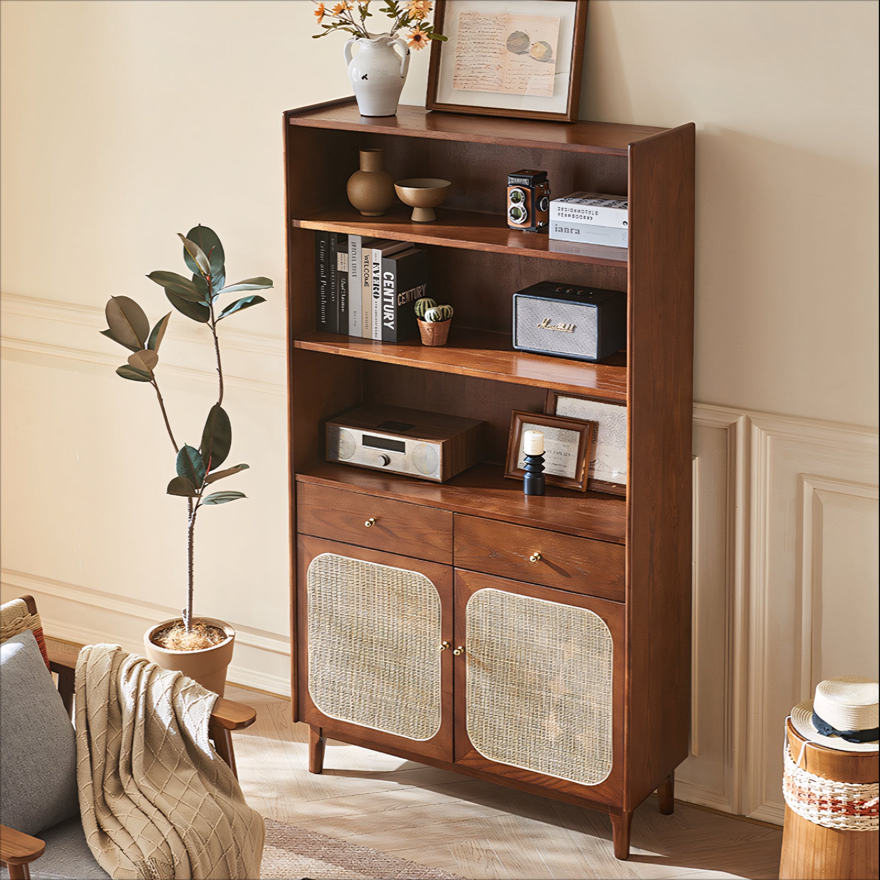 Kylan Solid wood natural rattan sideboard