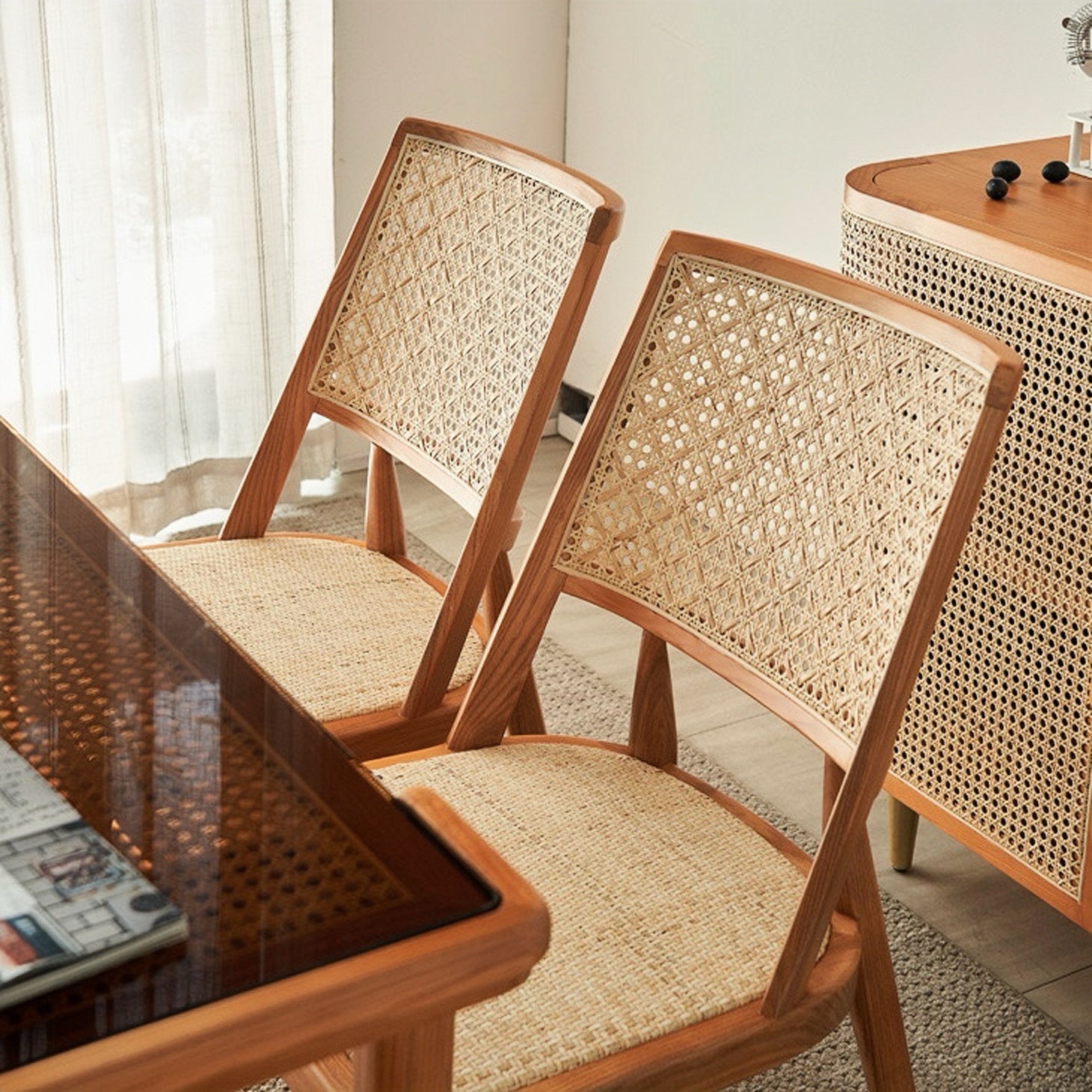 Xeran 2pcs ash wood natural rattan dining chairs