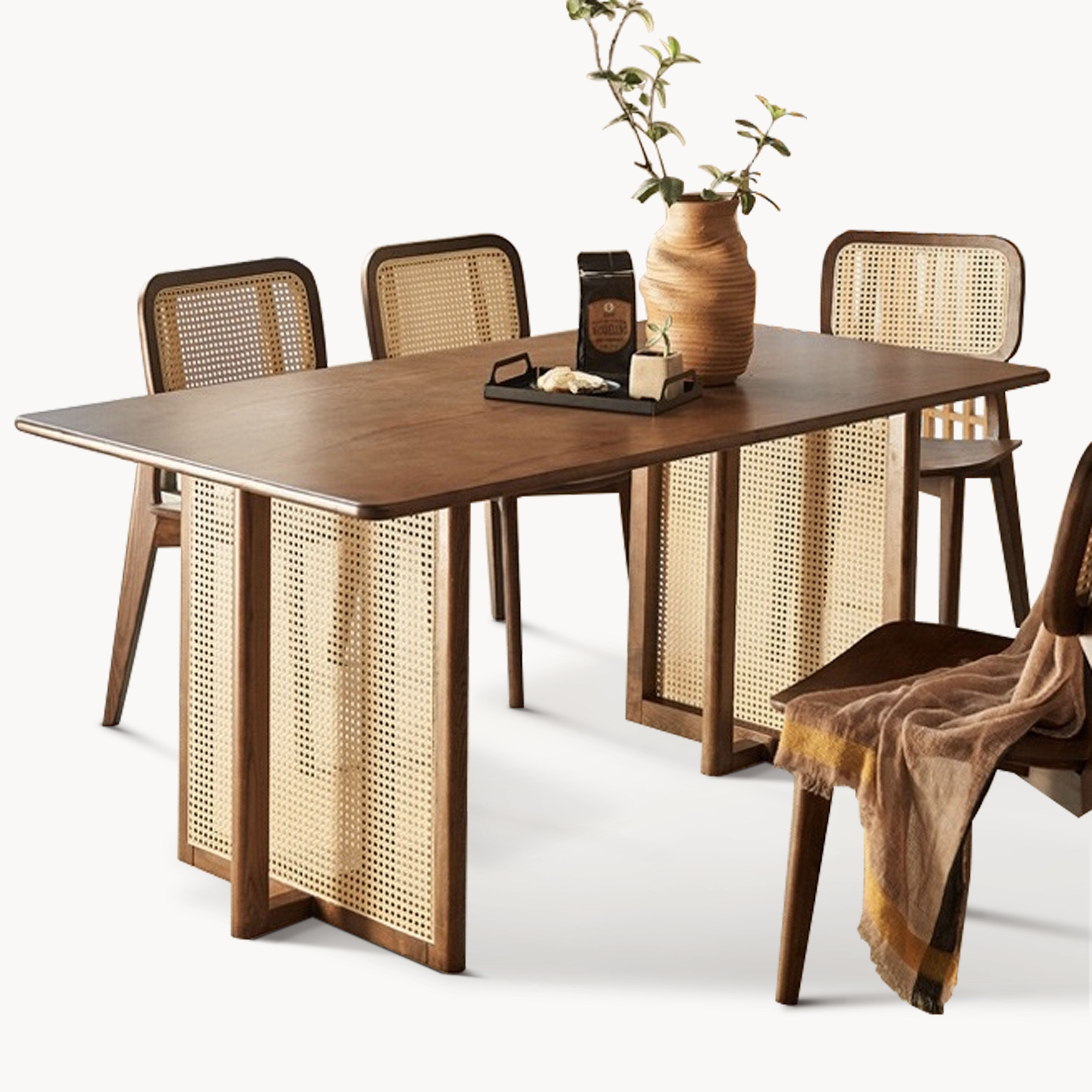 Osalan Ash wood natural rattan rectangular dining table