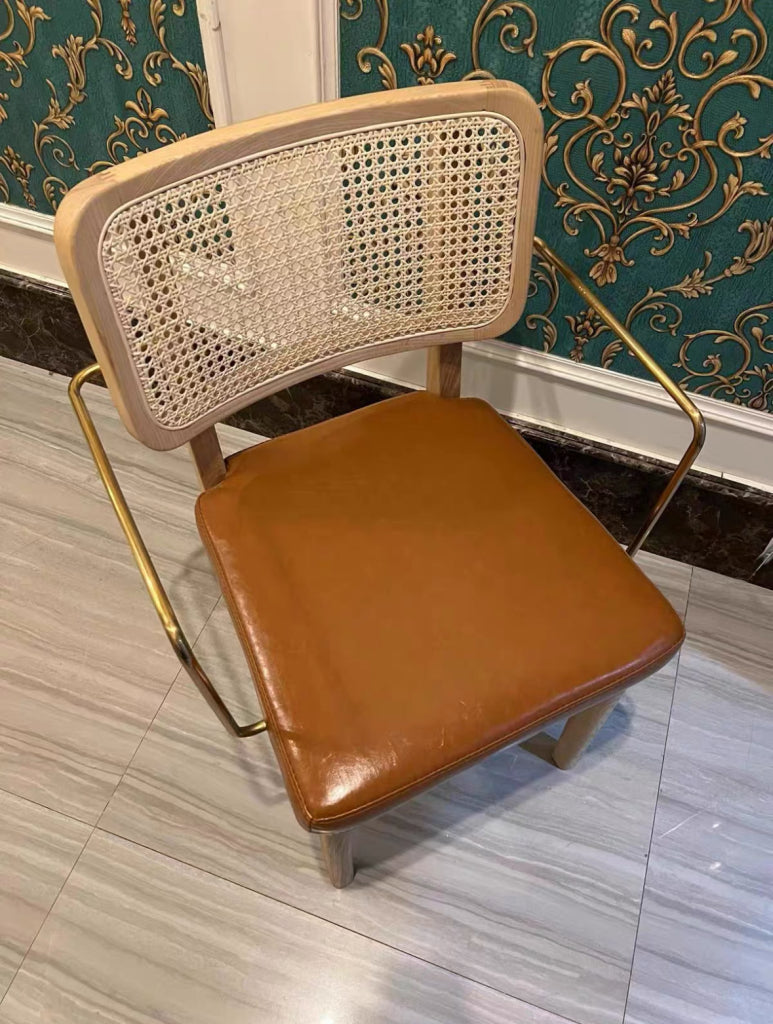 Malilian 2pcs ash wood natural rattan stainless steel dining chairs