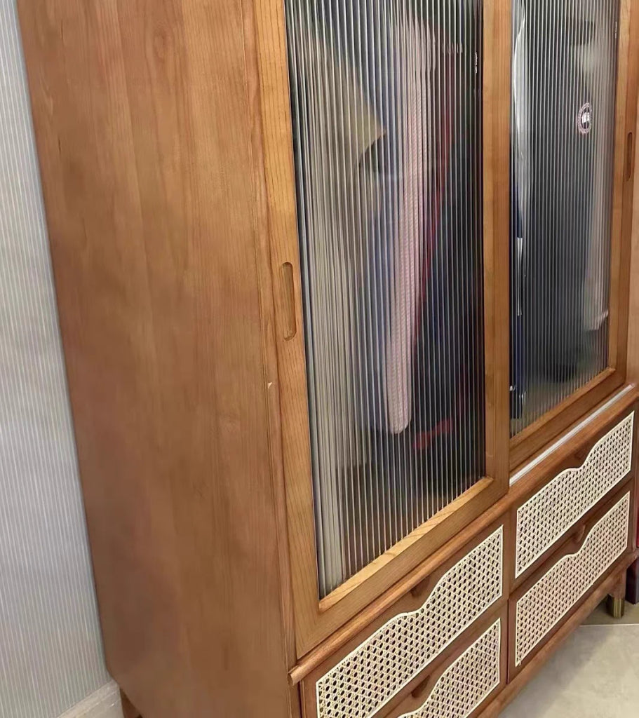 Hirebow Ash wood natural rattan wardrobe