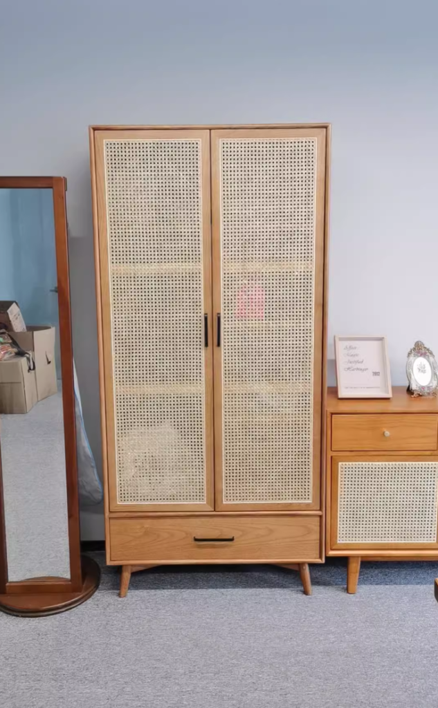 Welorani Ash wood natural rattan wardrobe