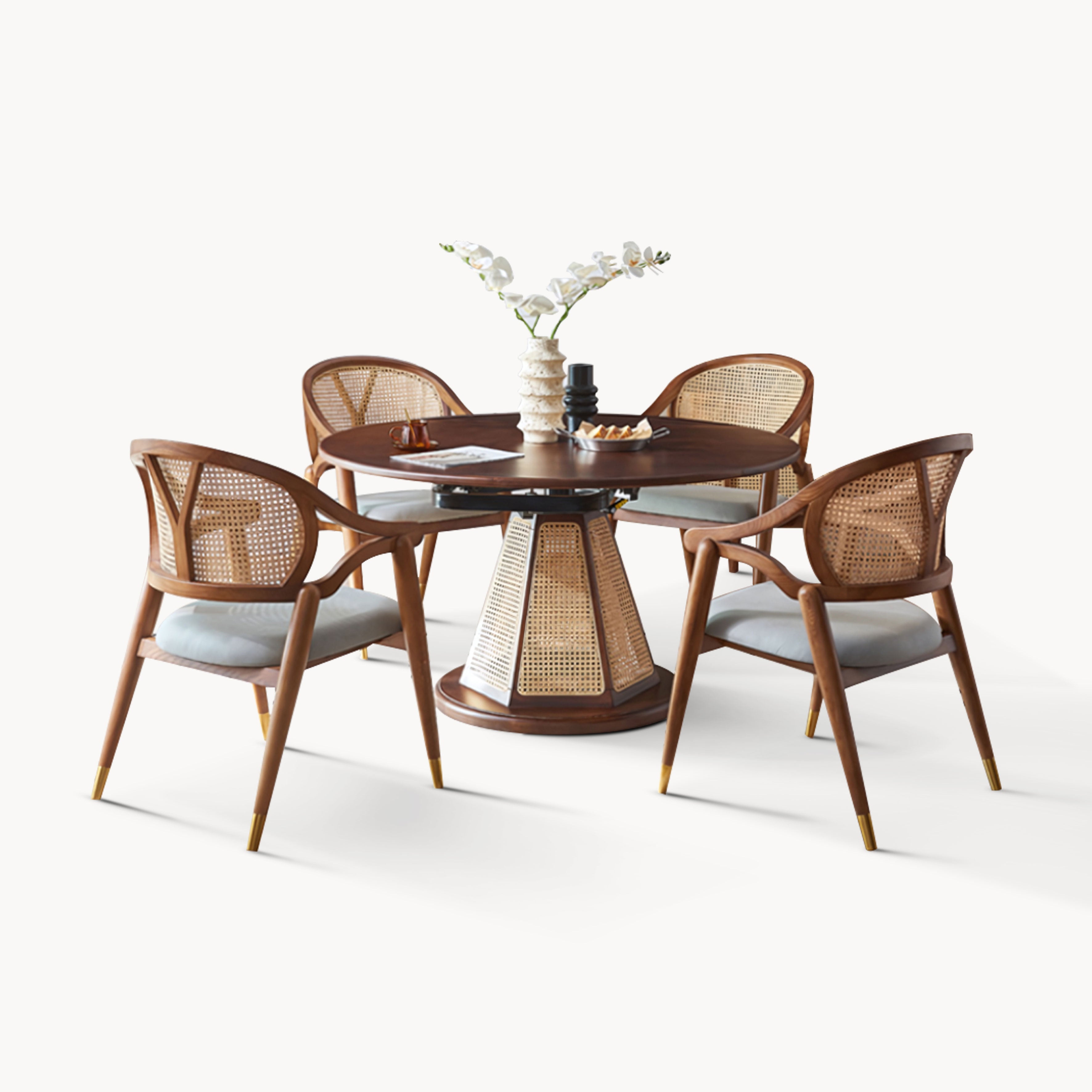 Portocin Ash wood natural rattan round dining set