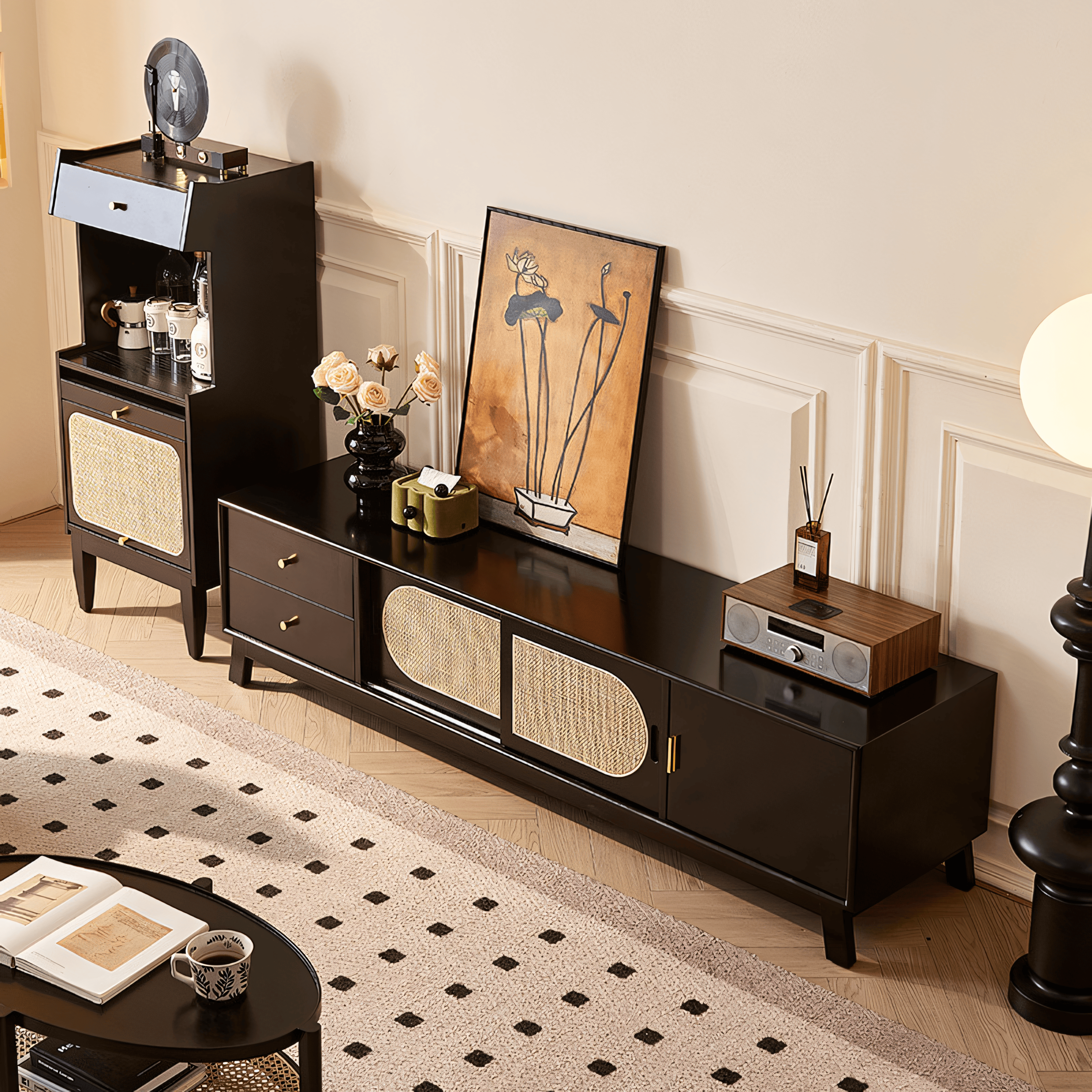 Aelox Solid wood natural rattan TV cabinet