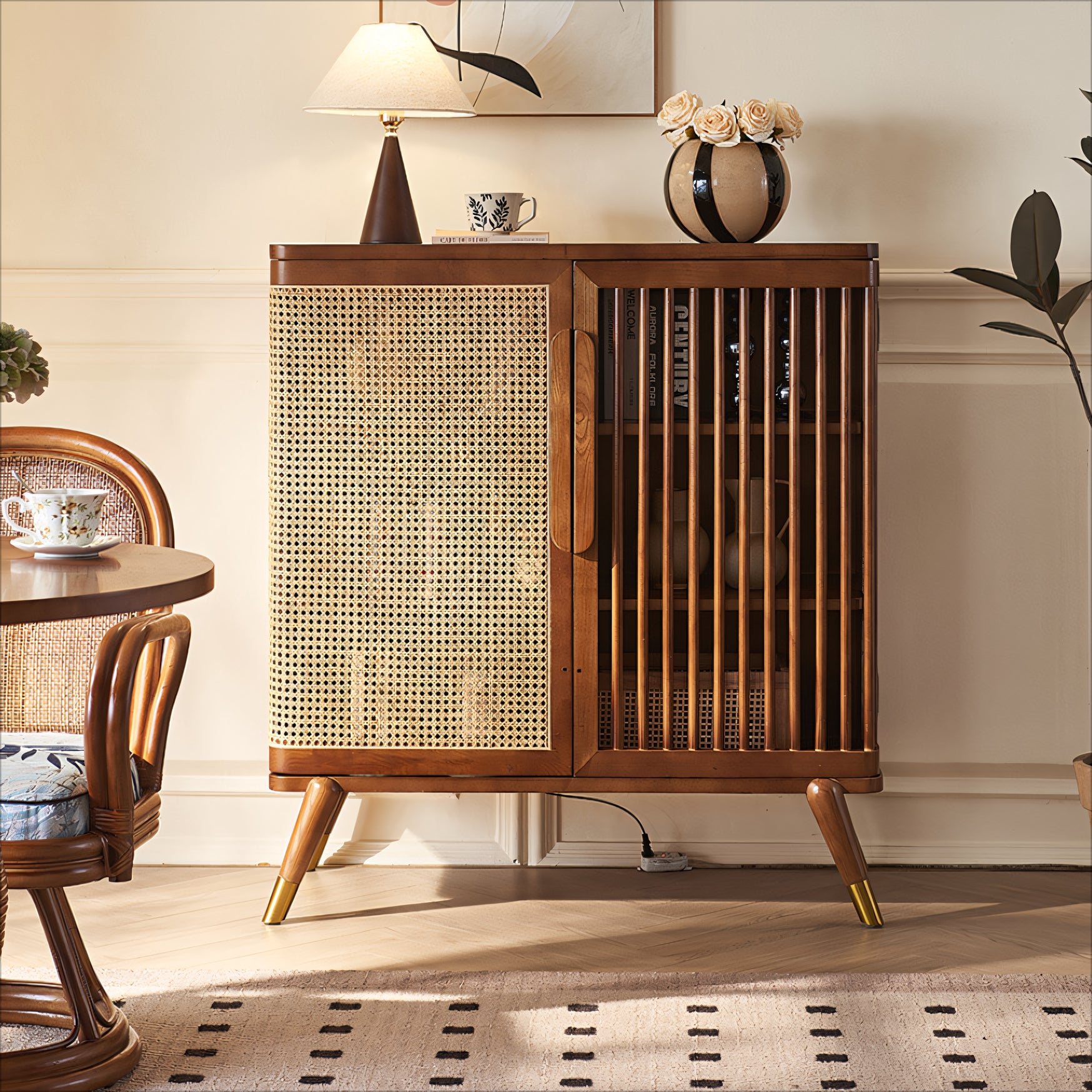 Lizra Solid wood natural rattan sideboard