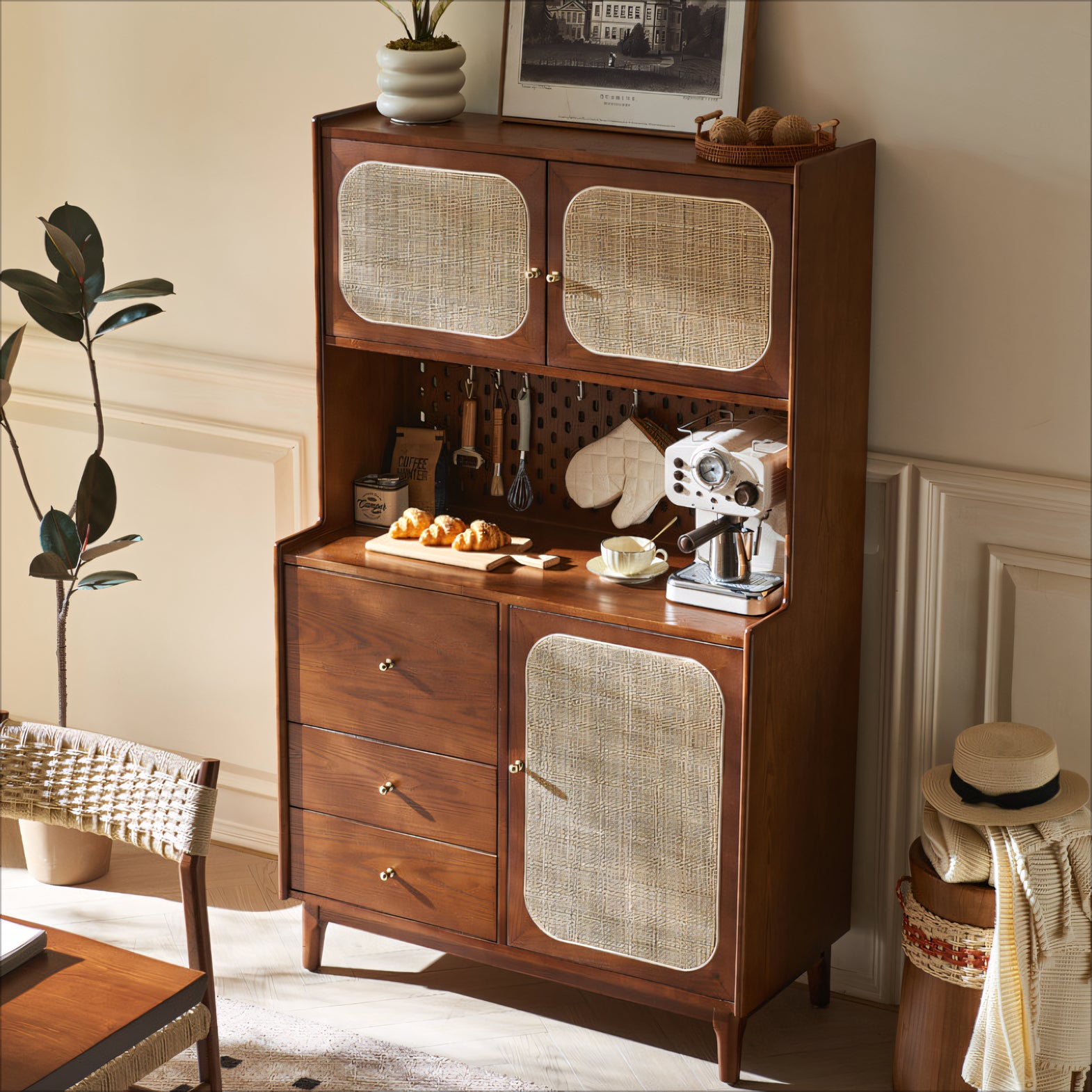 Farion Solid wood natural rattan sideboard