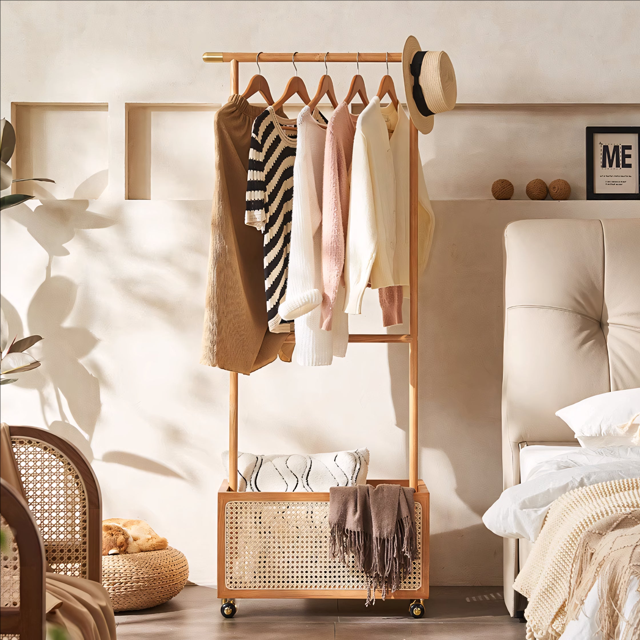 Draris Solid wood coat rack with a basket