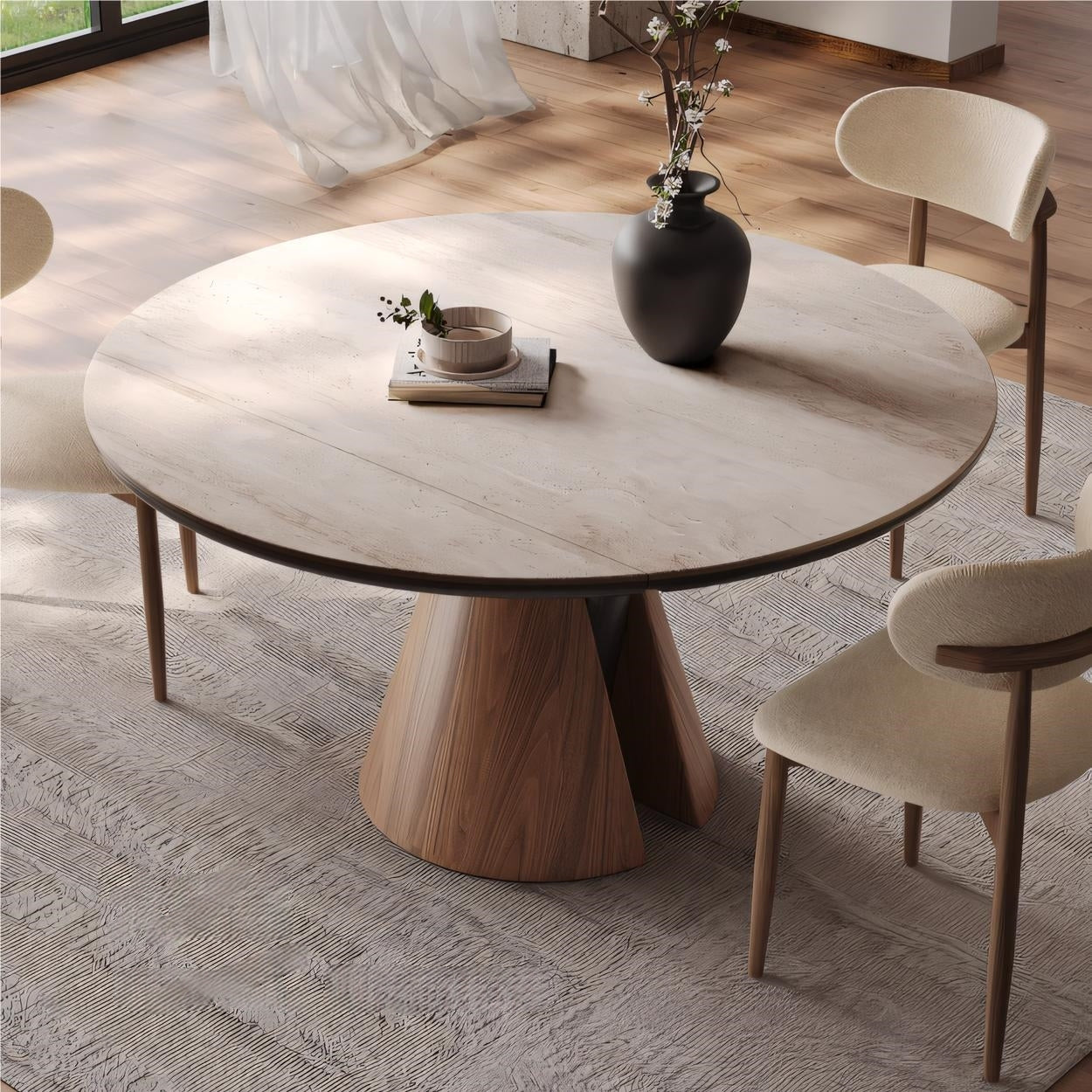 Uifaro Round-to-rectangular sliding extension dining table