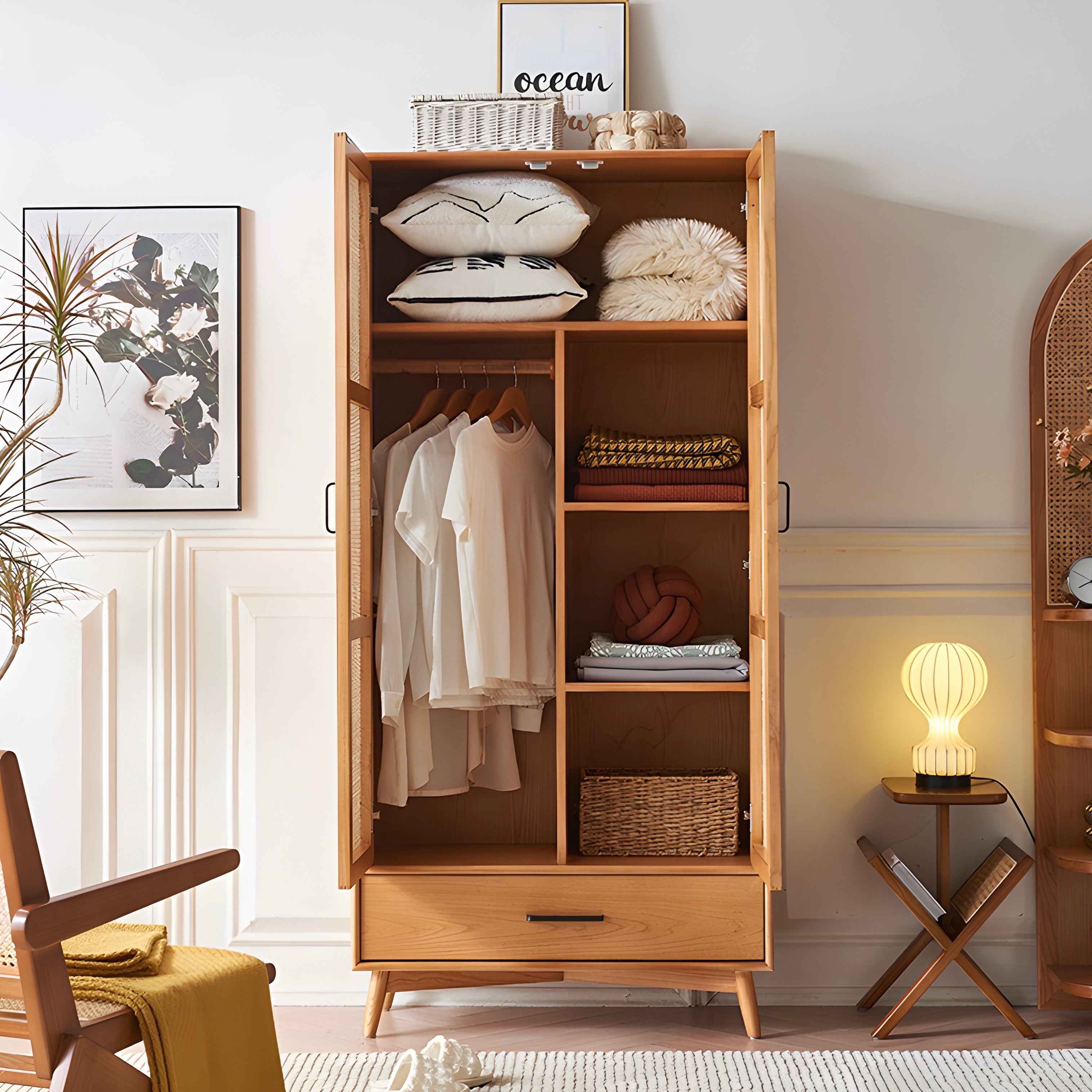 Welorani Ash wood natural rattan wardrobe