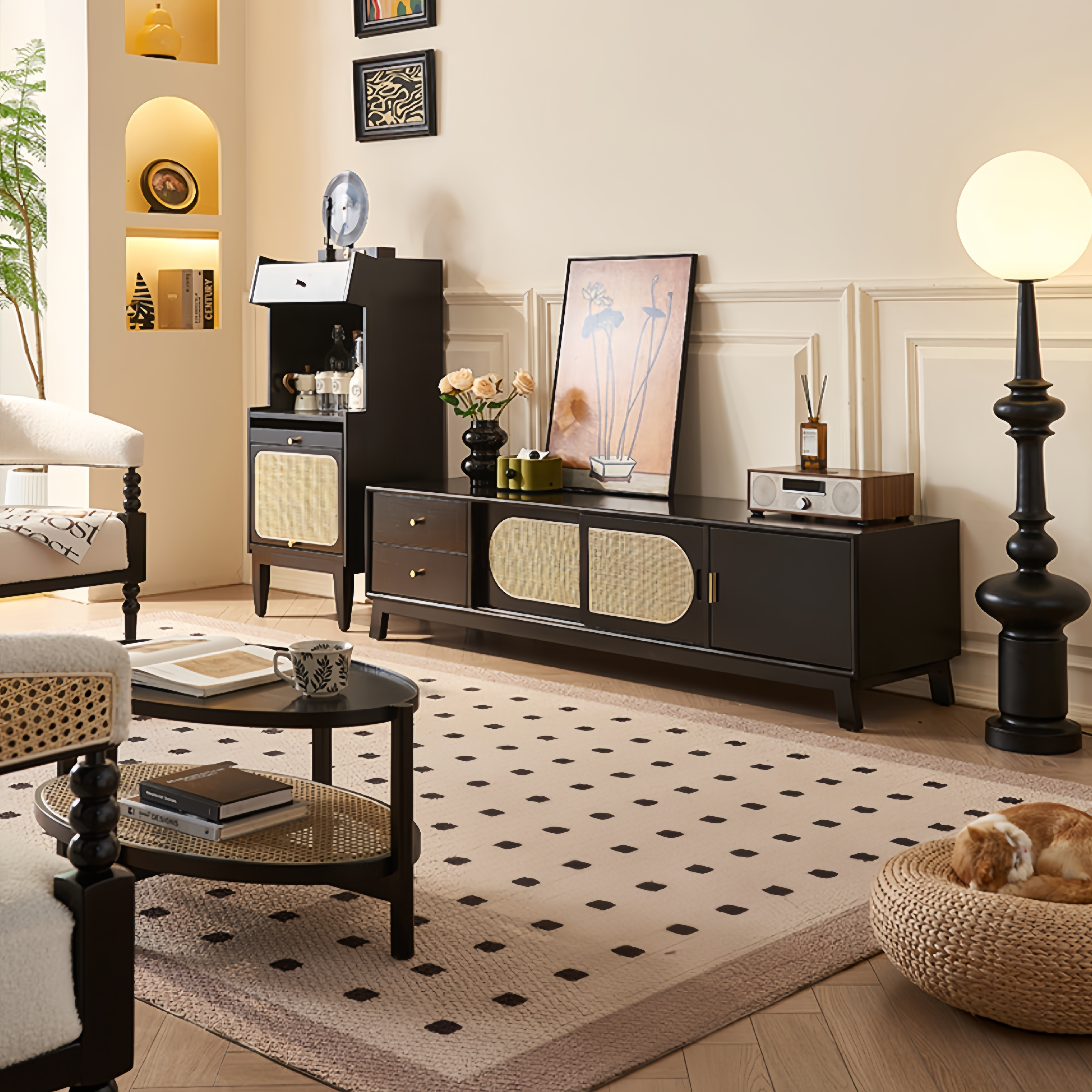 Aelox Solid wood natural rattan TV cabinet