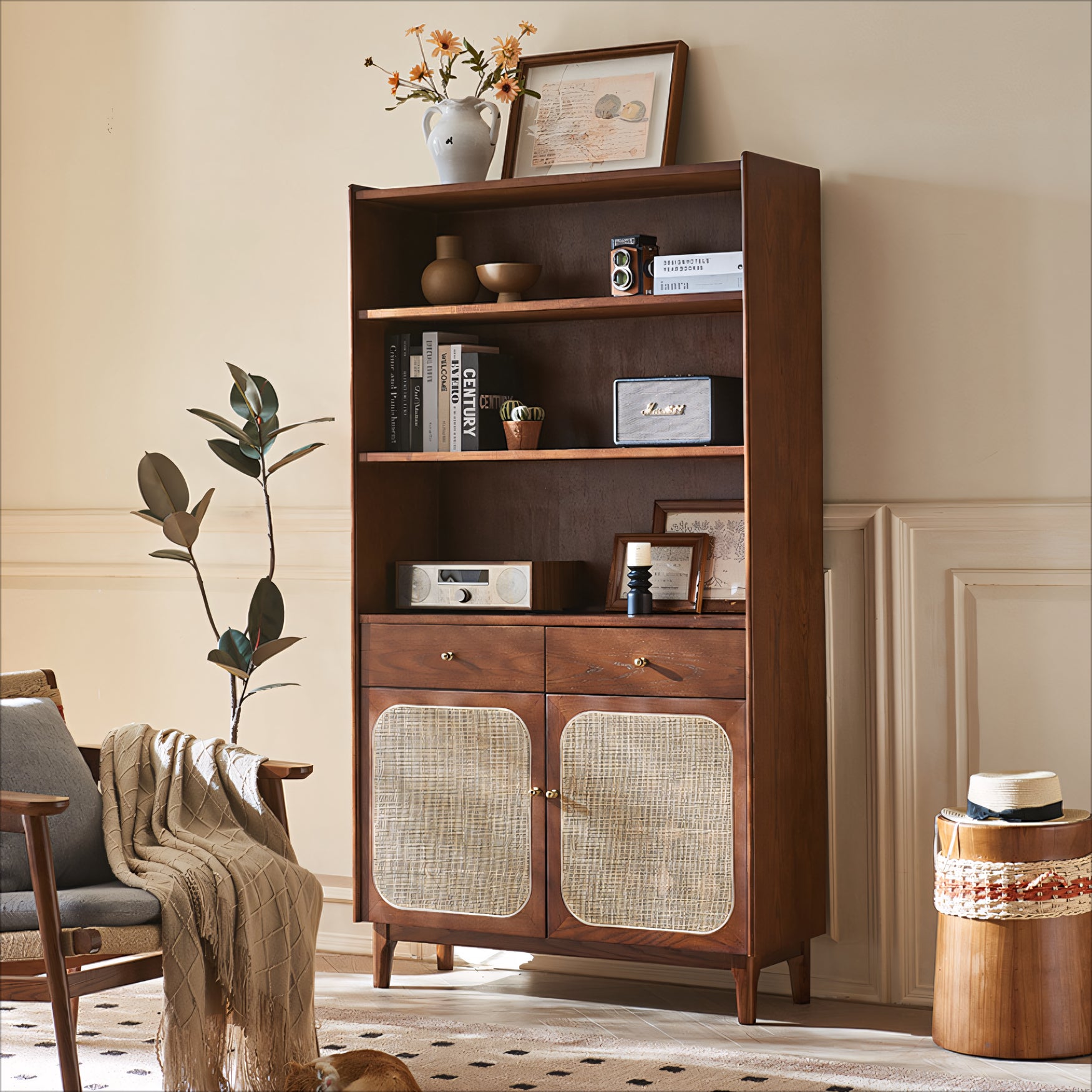 Kylan Solid wood natural rattan sideboard