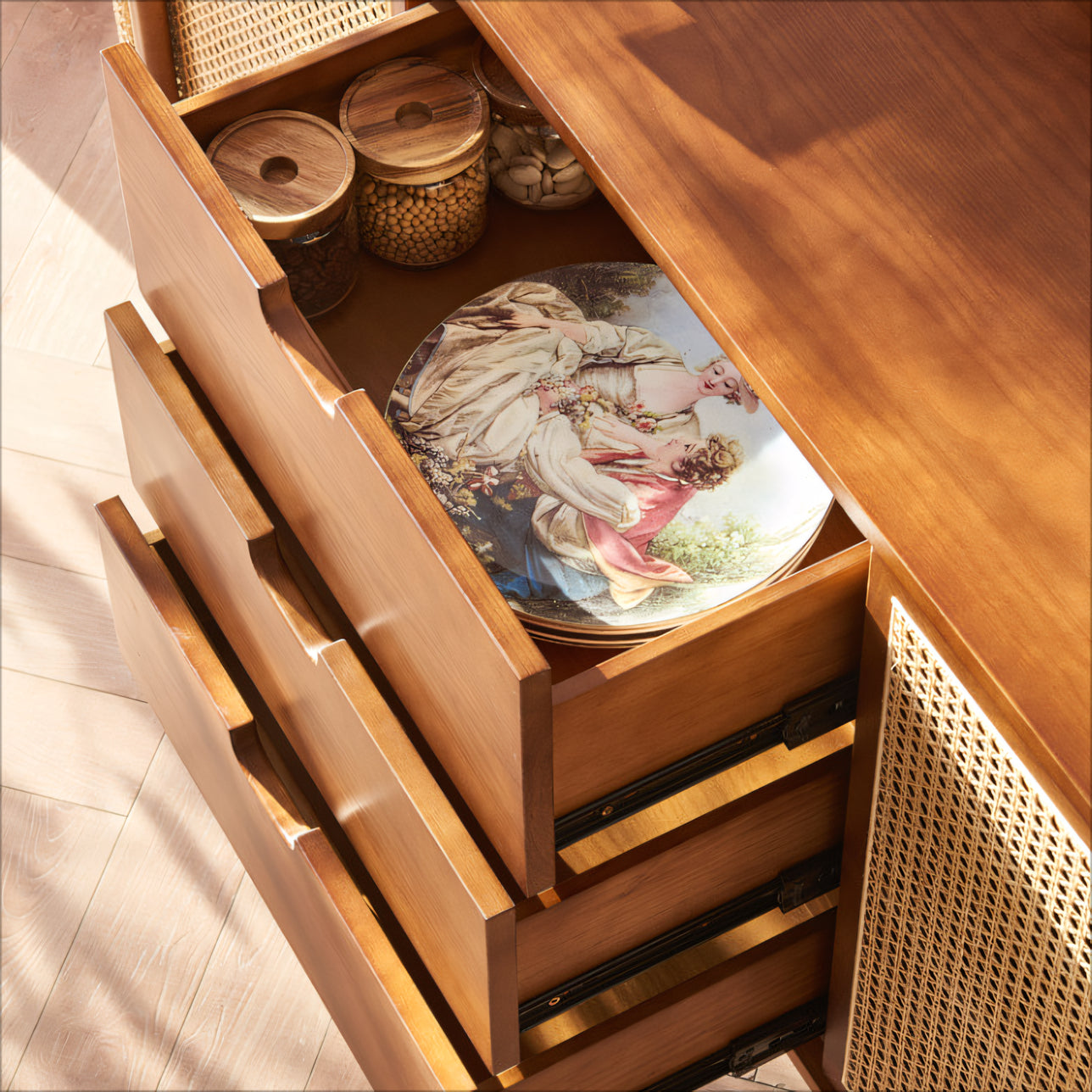 Sarinaly Ash wood natural rattan sideboard