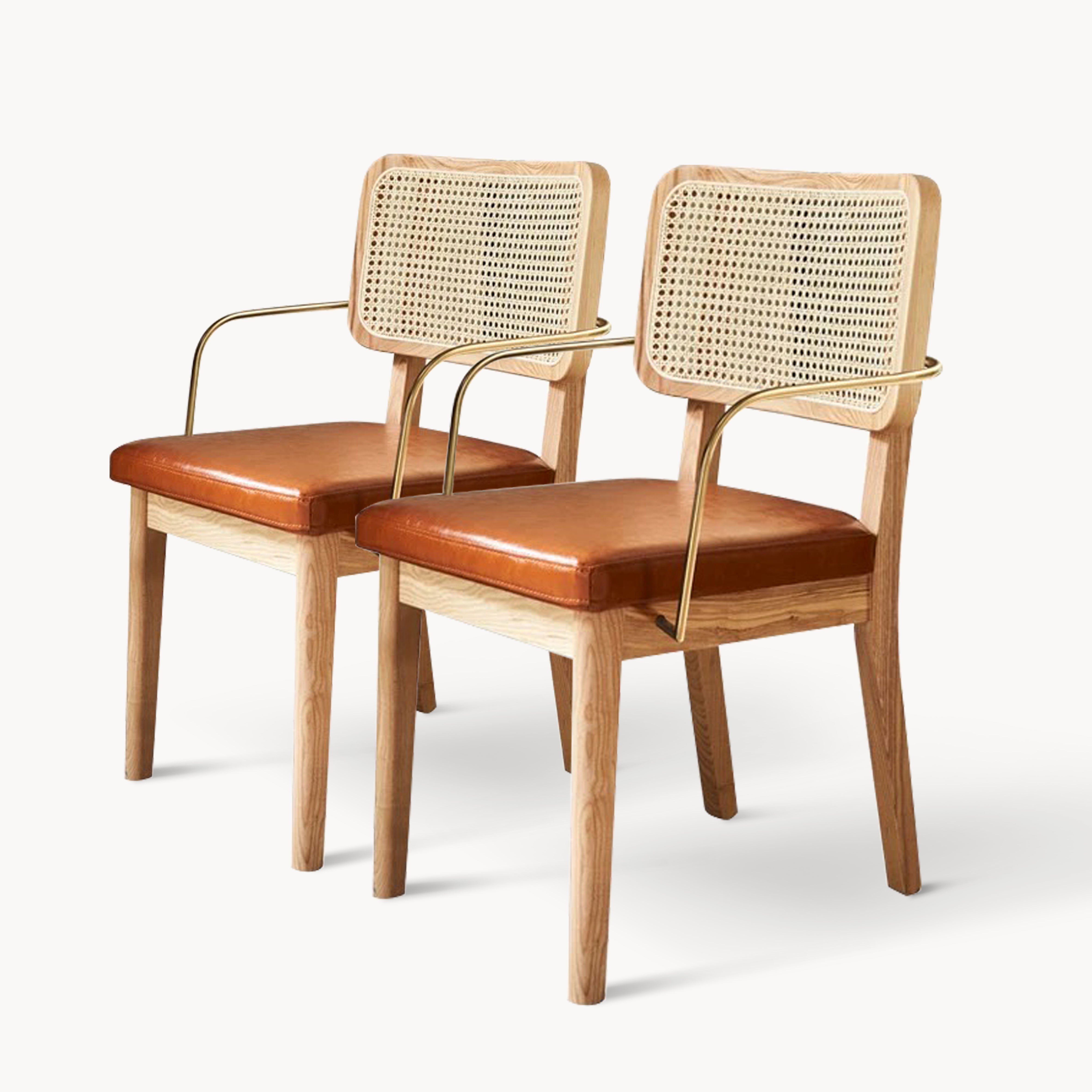 Malilian 2pcs ash wood natural rattan stainless steel dining chairs