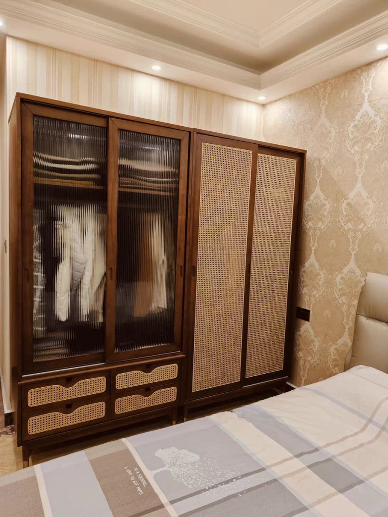 Hirebow Ash wood natural rattan wardrobe