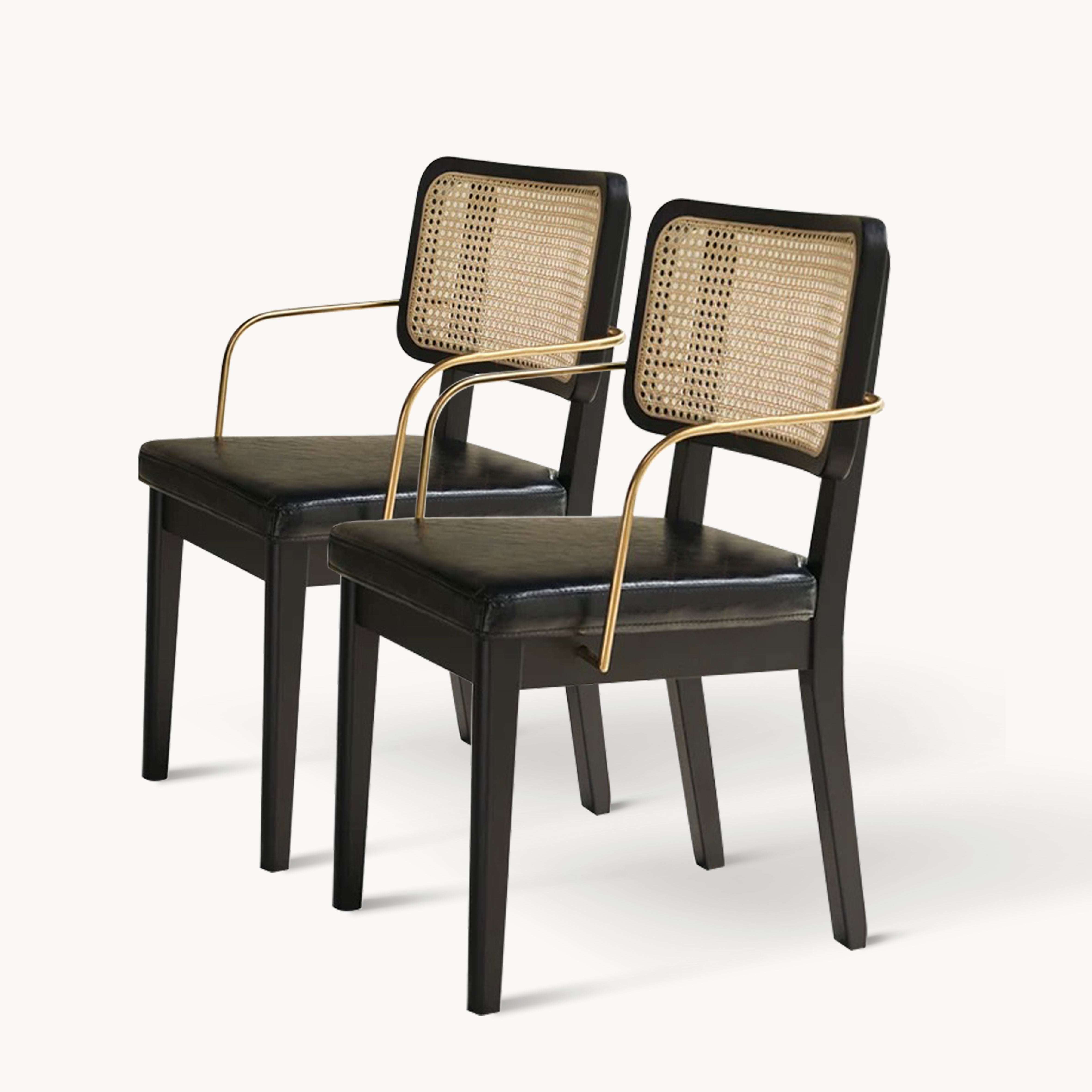 Malilian 2pcs ash wood natural rattan stainless steel dining chairs