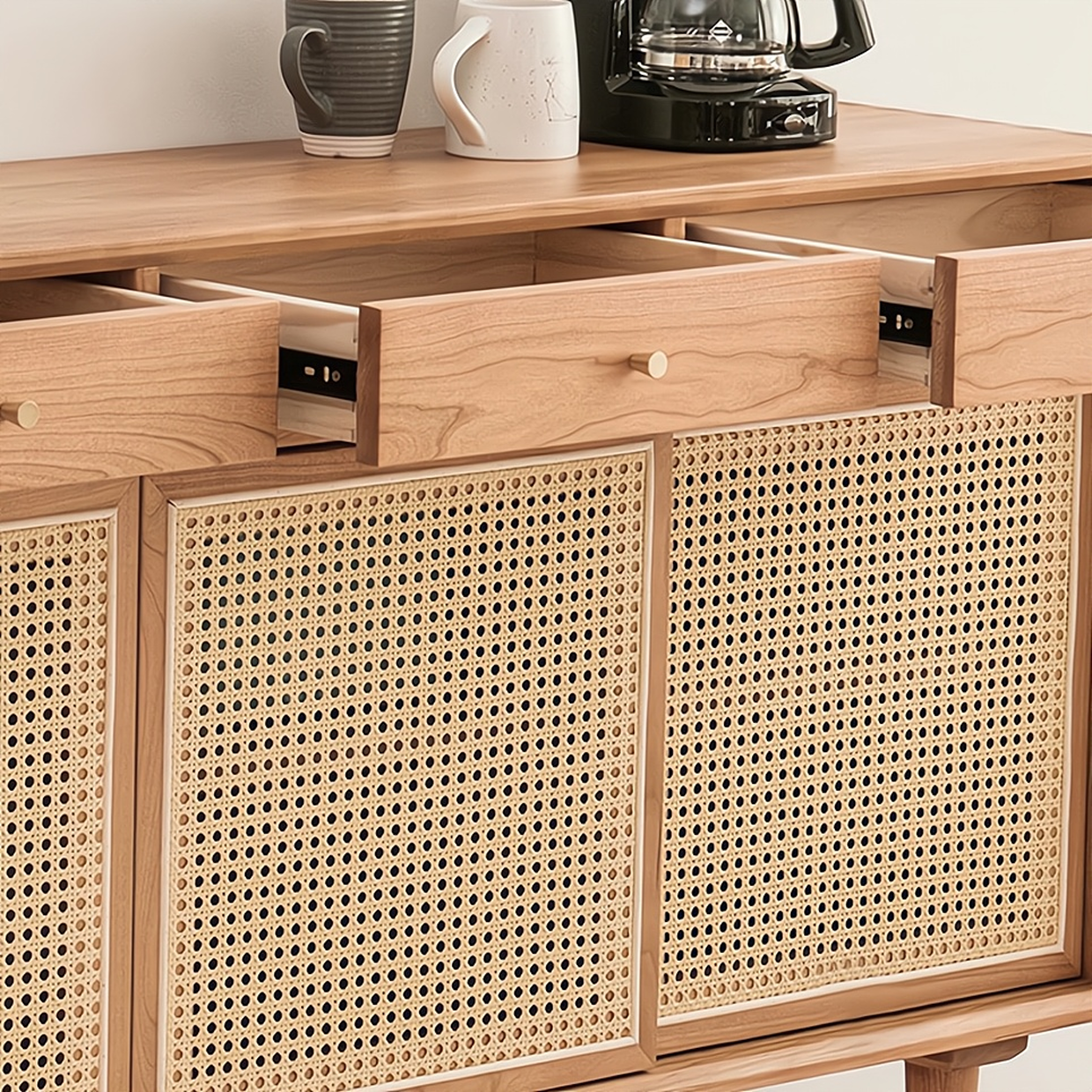 Dinalino Ash wood natural rattan sideboard