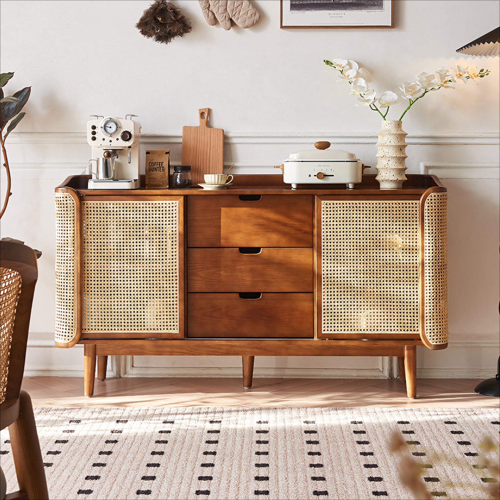 Sarinaly Ash wood natural rattan sideboard