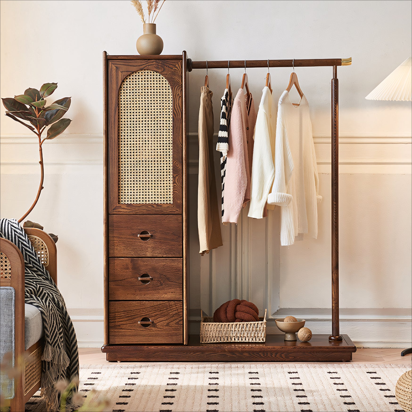 Lyria Solid wood natural rattan wardrobe