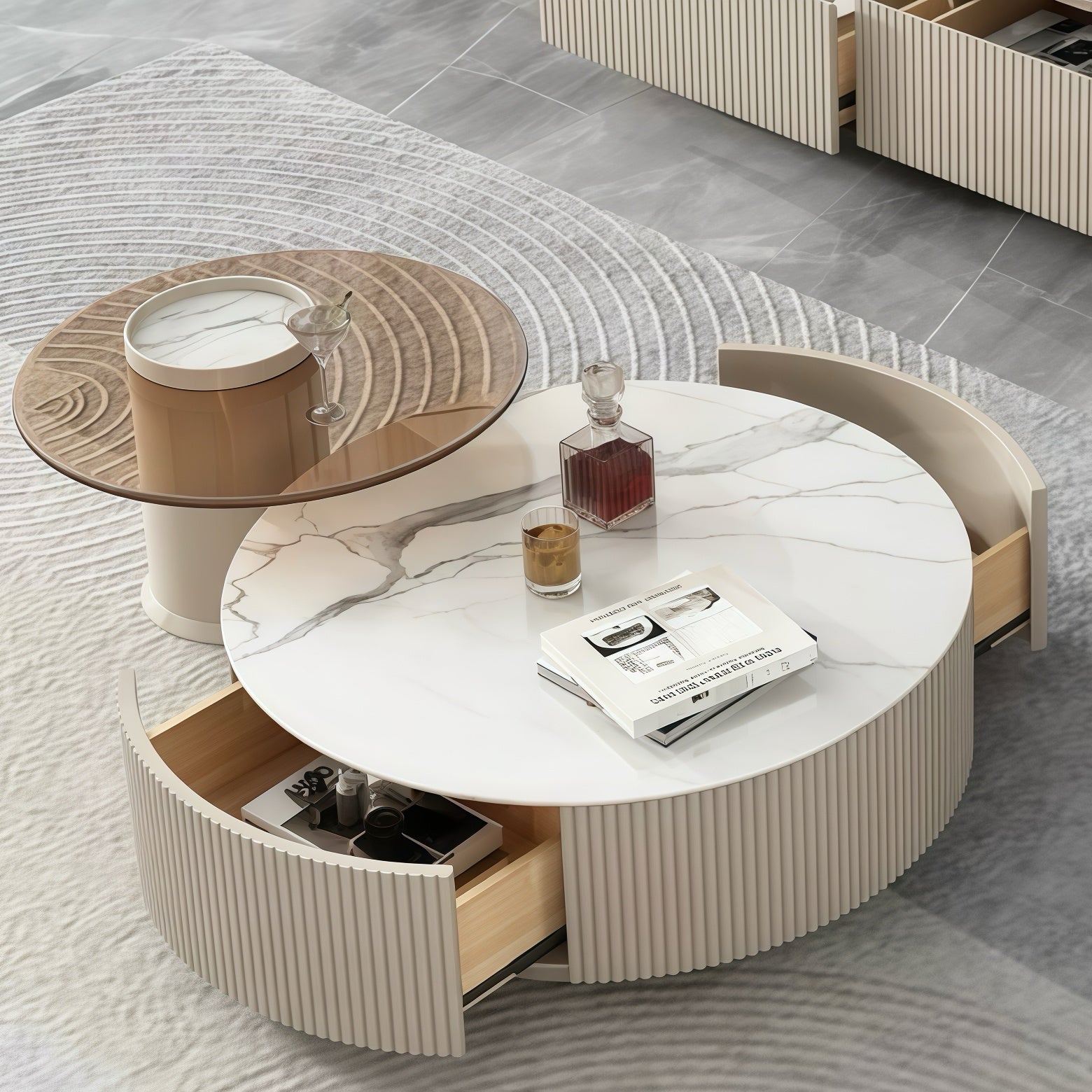 Cocheli Wood tempered glass round coffee table set