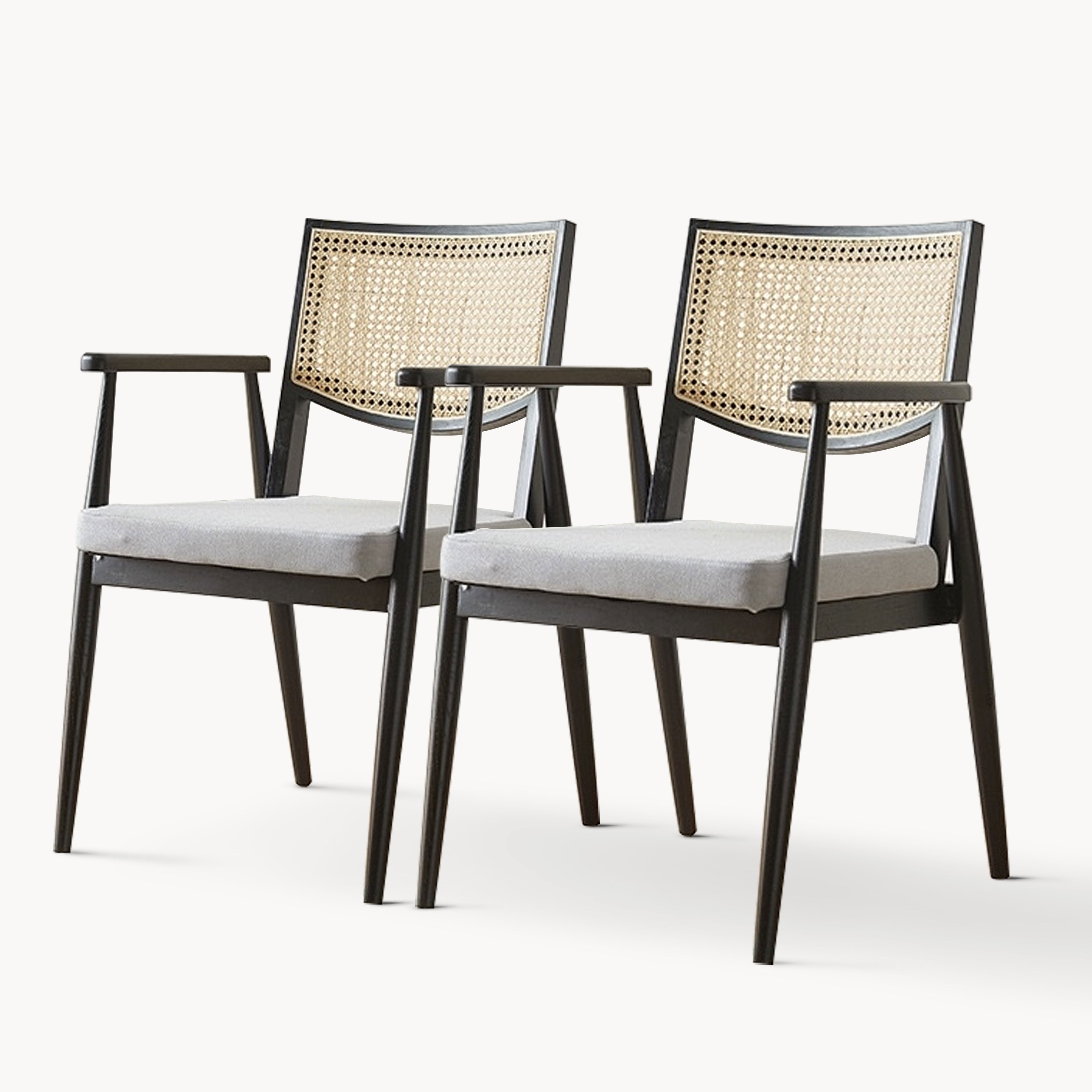 Linpo 2pcs ash wood natural rattan dining chairs