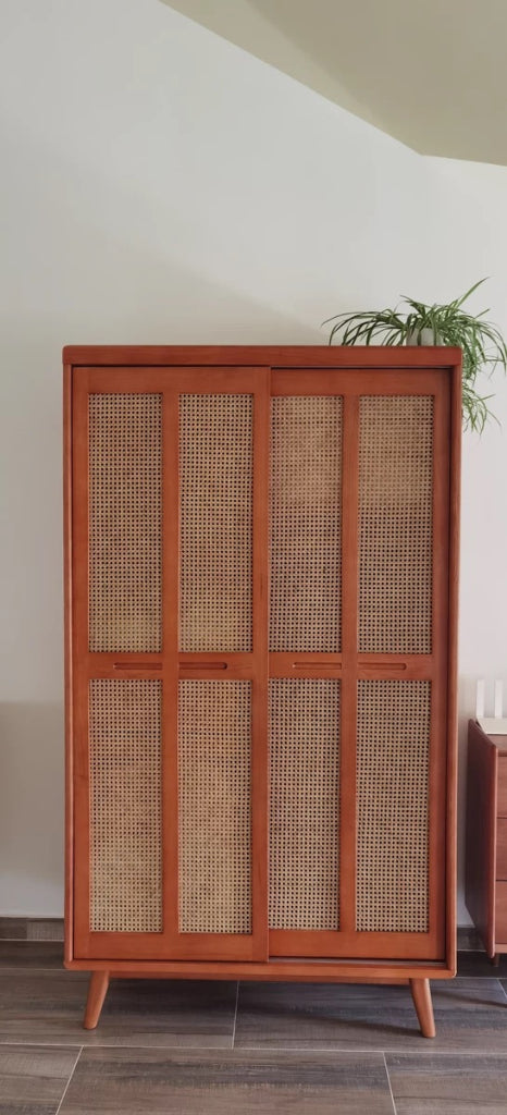 Hirevo Ash wood natural rattan wardrobe