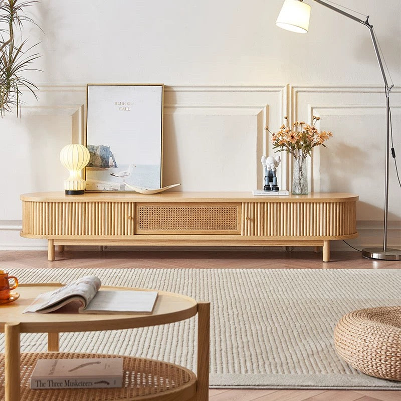 Dwinave Ash wood natural rattan TV cabinet