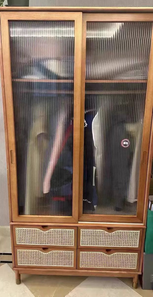 Hirebow Ash wood natural rattan wardrobe