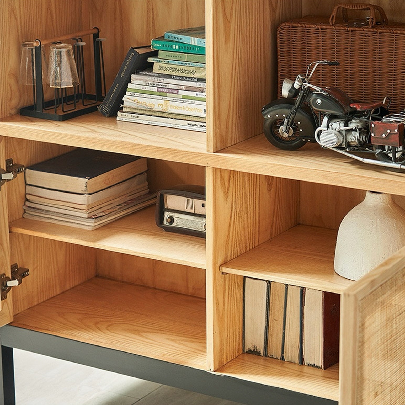 Kyrin Ash wood natural rattan black sideboard