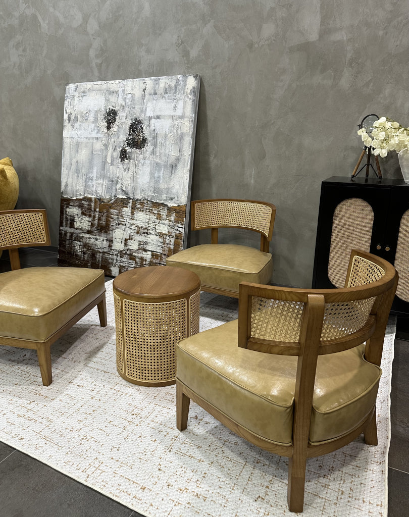 Tedina Ash wood natural rattan leather accent chair