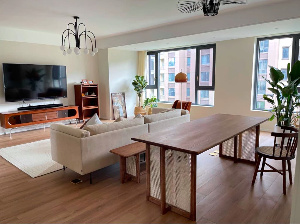 Osalan Ash wood natural rattan rectangular dining table