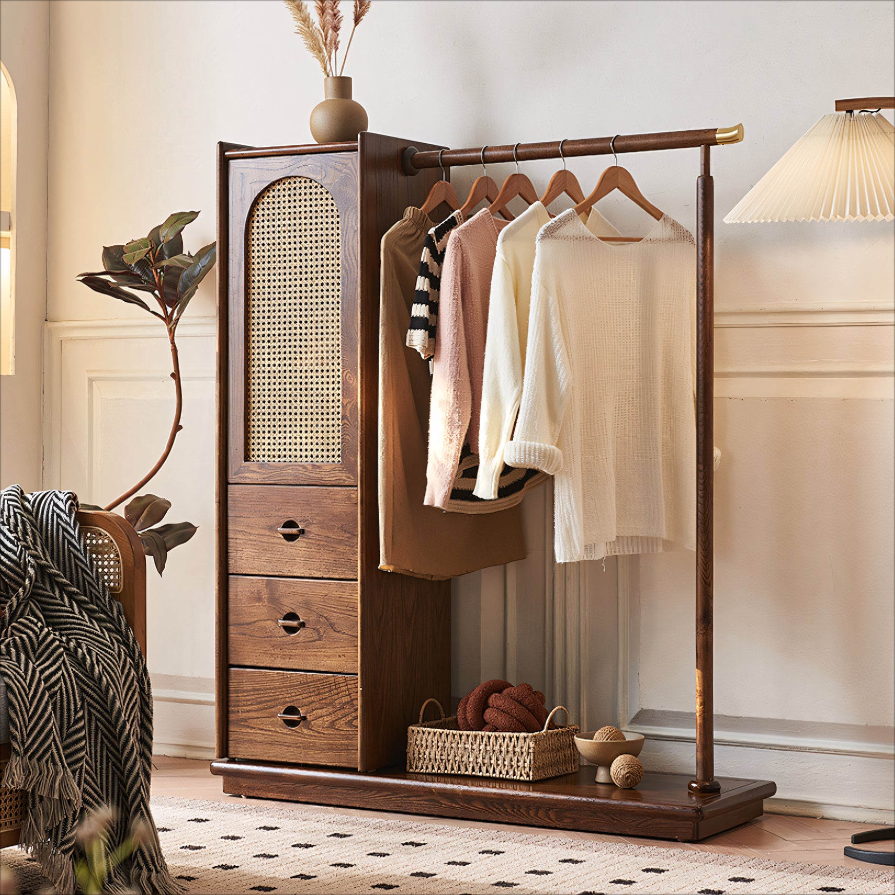 Lyria Solid wood natural rattan wardrobe