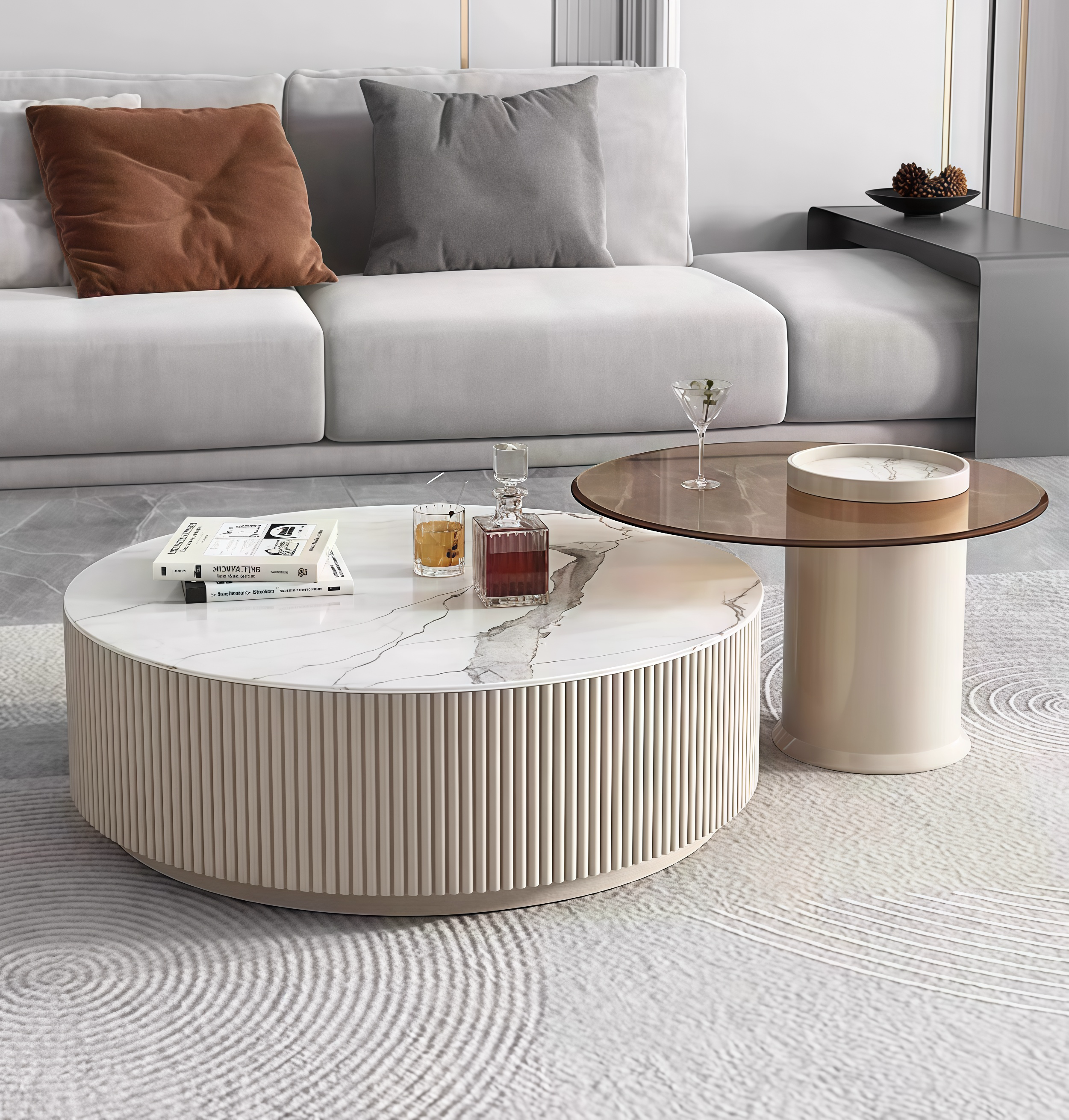 Cocheli Wood tempered glass round coffee table set