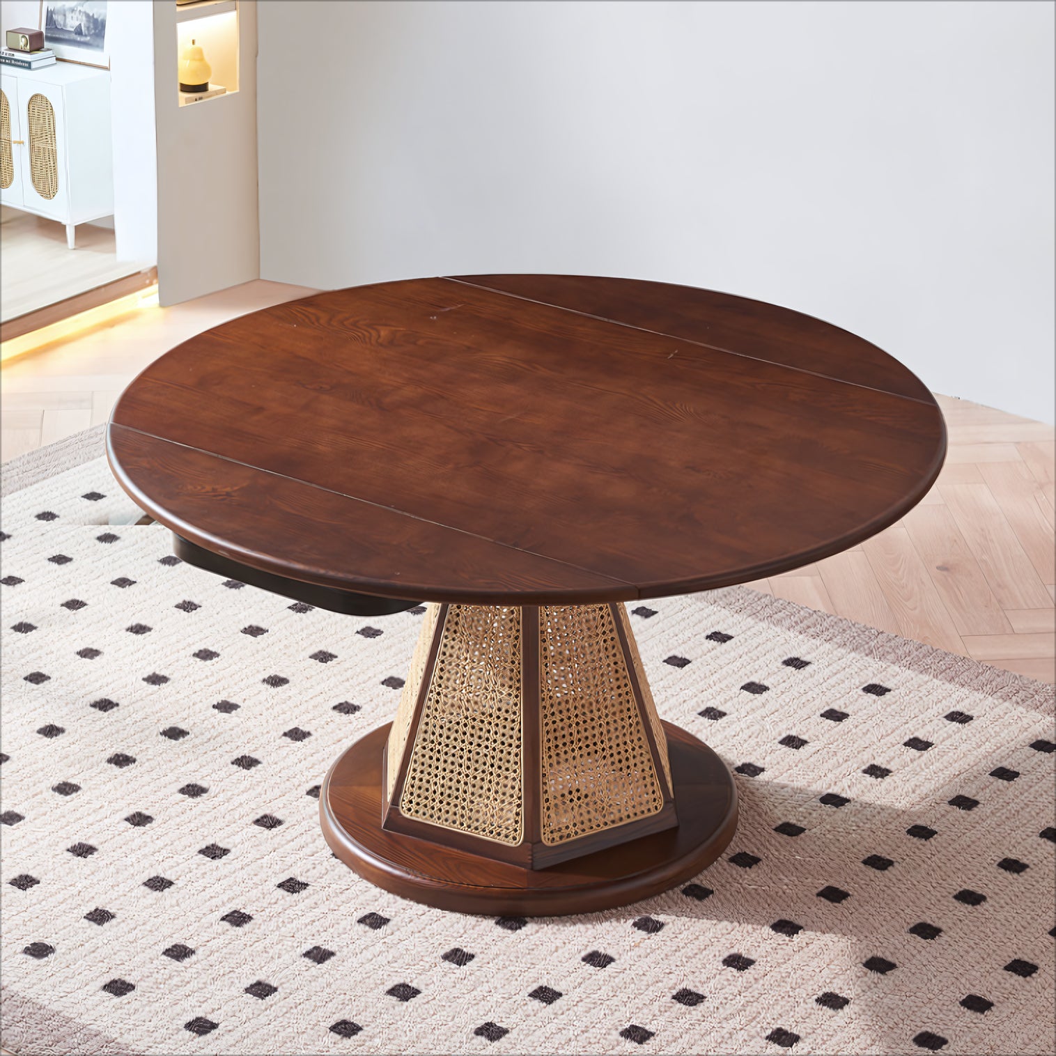 Portocin Ash wood natural rattan round dining set