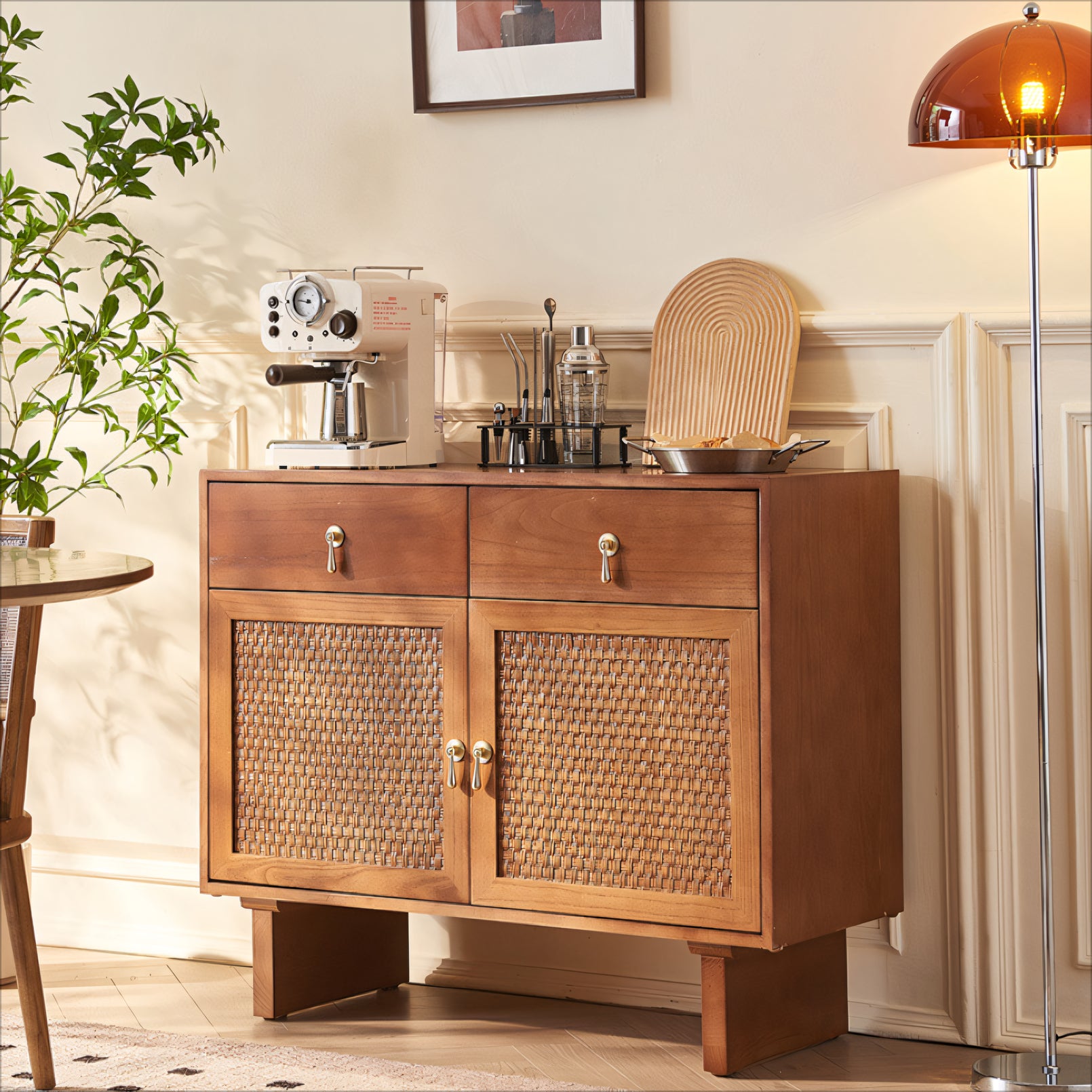Heston Solid wood natural rattan sideboard